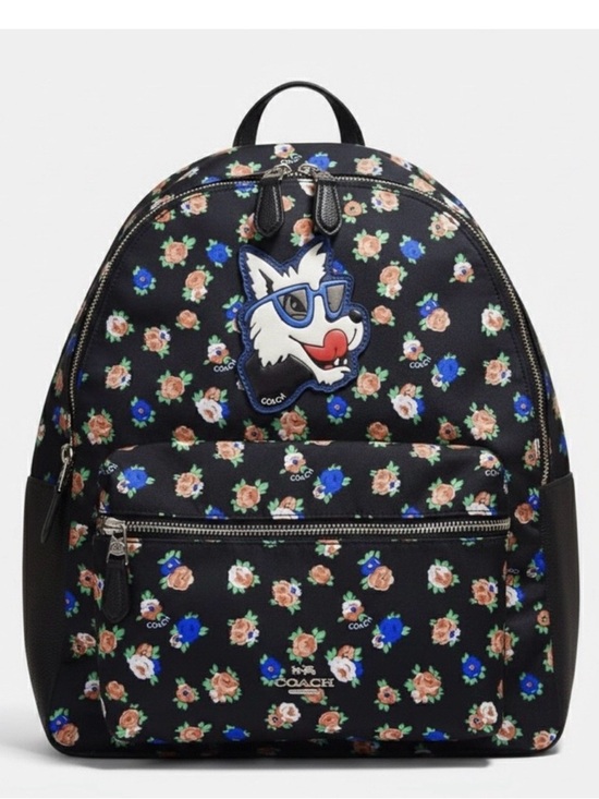 Coach Handbags - Coach Black Floral Backpack with Blue and Pink Accents